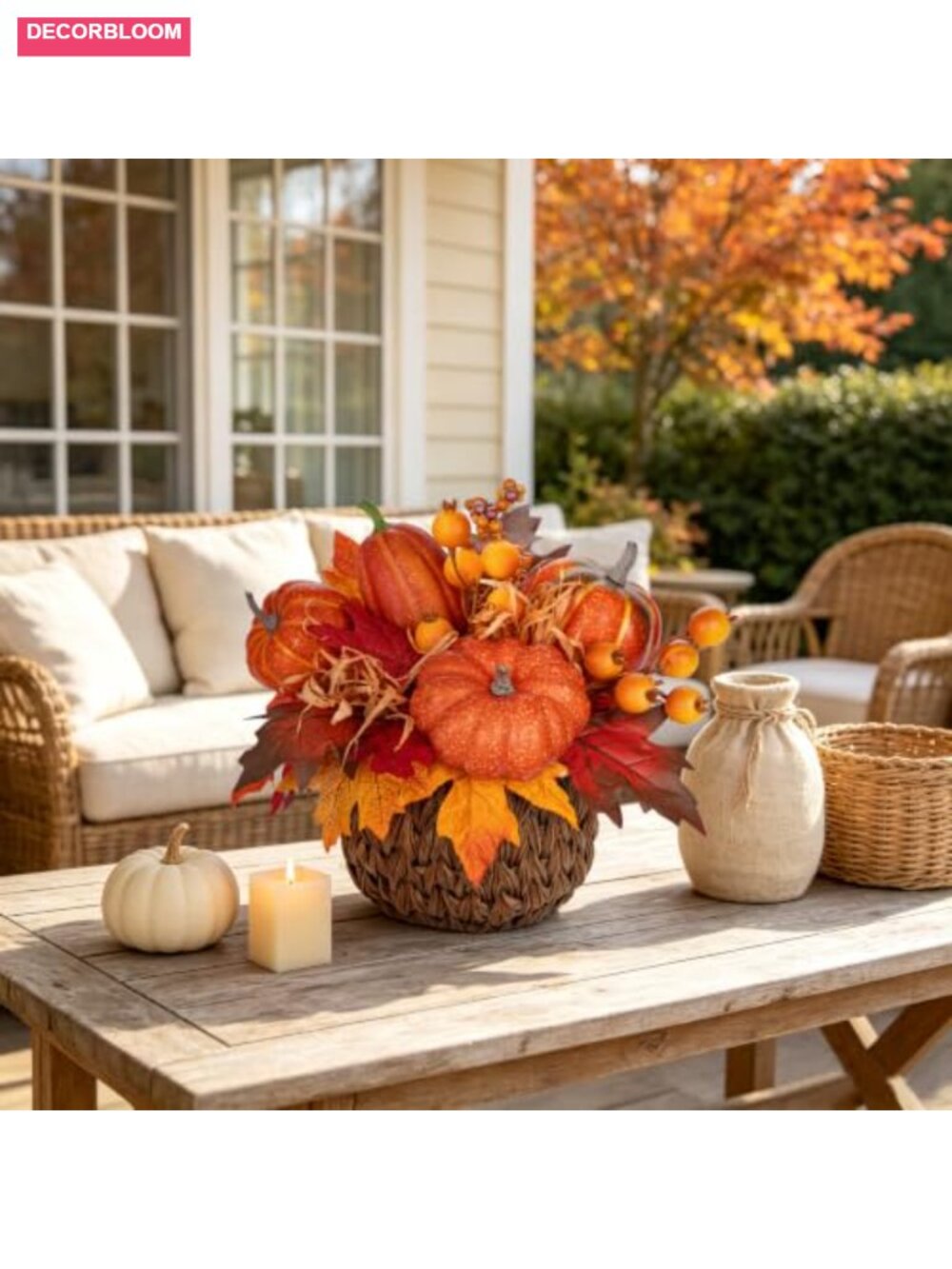 10" Artificial Pumpkin with Woven Basket Fall Centerpiece Decor - Picture 5 of 6